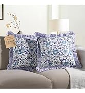 CPC Indigo Blue Ruffle Throw Pillow Covers for Couch, 18x18 Inch Cotton Stripe Ruffle Couch Pillo...
