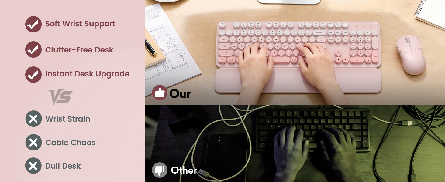 typing on wireless keyboard mouse with wrist rest clean desk setup compared to messy wired keyboard