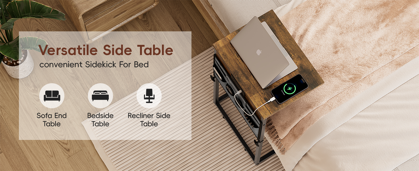 Slide Under Sofa Table with Metal Frame for Living Room Bedroom