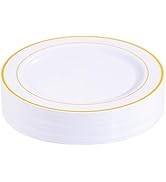 bUCLA 30PCS White and Gold Plastic Dinner Plates Disposable - 10.25inch Premium White Gold Rim We...
