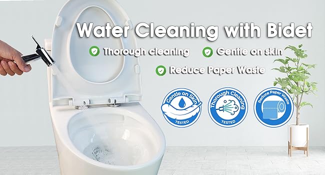 Water cleaning with handheld bidet sprayer compared to toilet paper for better hygiene