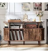 LELELINKY Large Round Record Player Stand with Charging Station &amp; Fluted Panel, Brown Mid Century...