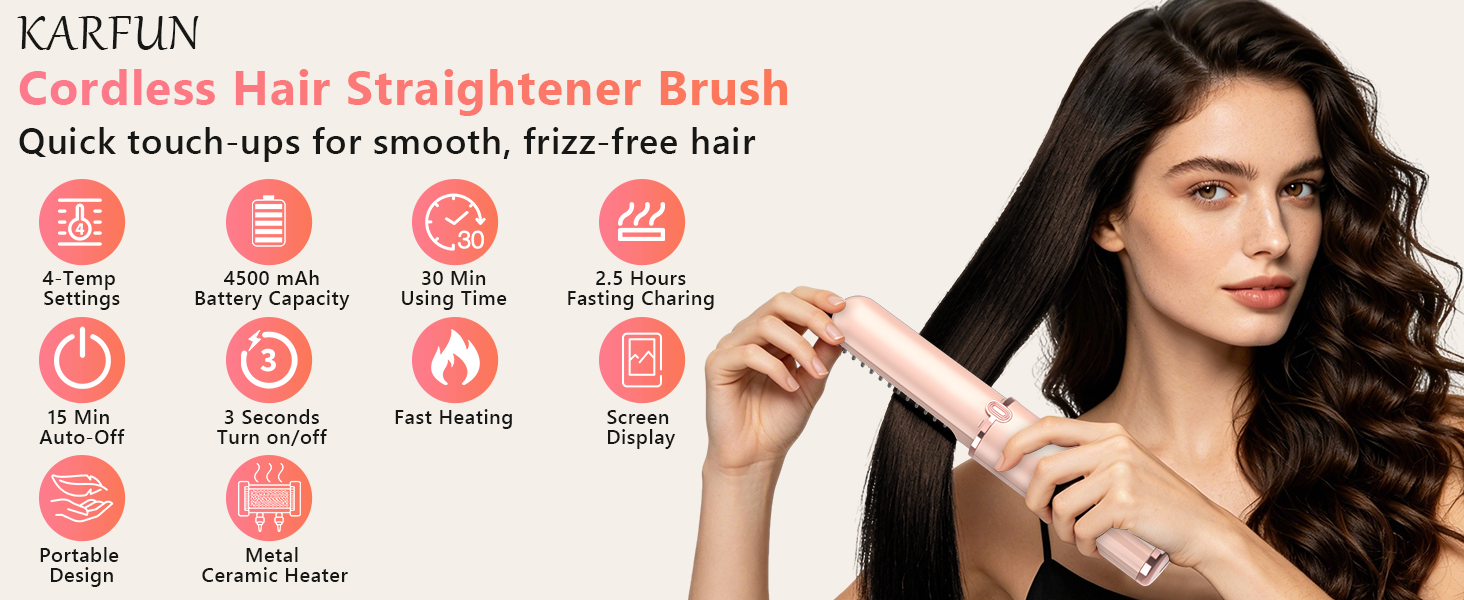 Cordless Hair Straightener Brush, Portable 4500mAh Rechargeable Straightening Comb, MCH Fast Heat