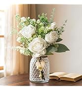 JOHOUSE 12.5inch Artificial Flowers Bulks in Vase, White Fake Roses in Vase with Tags Lifelike Fa...