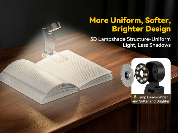 TechRise reading light with horizontal head provides wider, even light to reduce eye strain