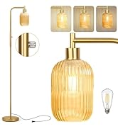 Ruiever Glass Floor Lamp for Living Room, Dimmer Standing Lamp with Green Ribbed Lampshade,66” Ta...
