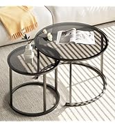 aboxoo Nesting Coffee Table Grey Glass Table Set of 2, Small Round Glass Nesting Tables for Livin...