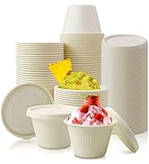 Vmiapxo 100 Pack 4oz Disposable Paper Cups with Lids, Small Ice Cream Cups, 4 Ounce Natural Bagas...
