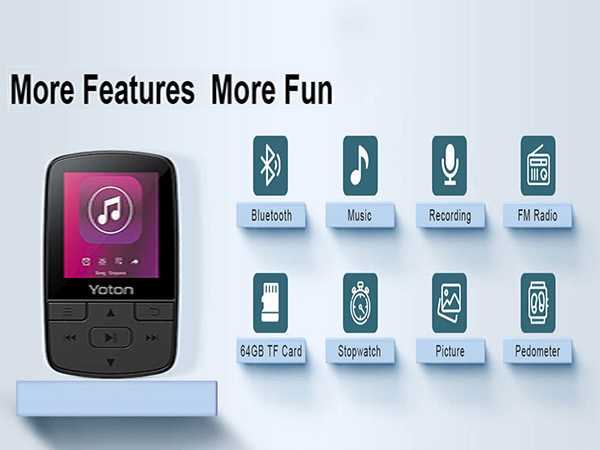 Compact MP3 player with color screen displaying music interface. Accompanied by icons showing features: Bluetooth, music, recording, FM radio, TF card, stopwatch, picture, pedometer.