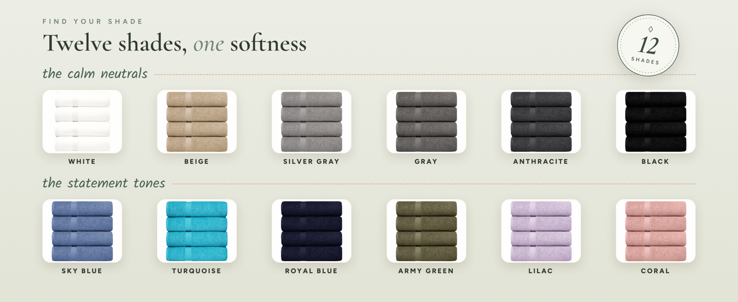 Bath towels in 12 colors: white, beige, gray, black, blue, green, lilac, coral towel stacks