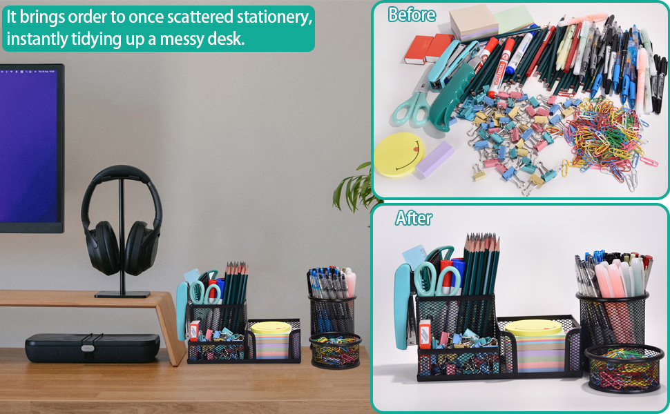 It brings order to once scattered stationery, instantly tidying up a messy desk