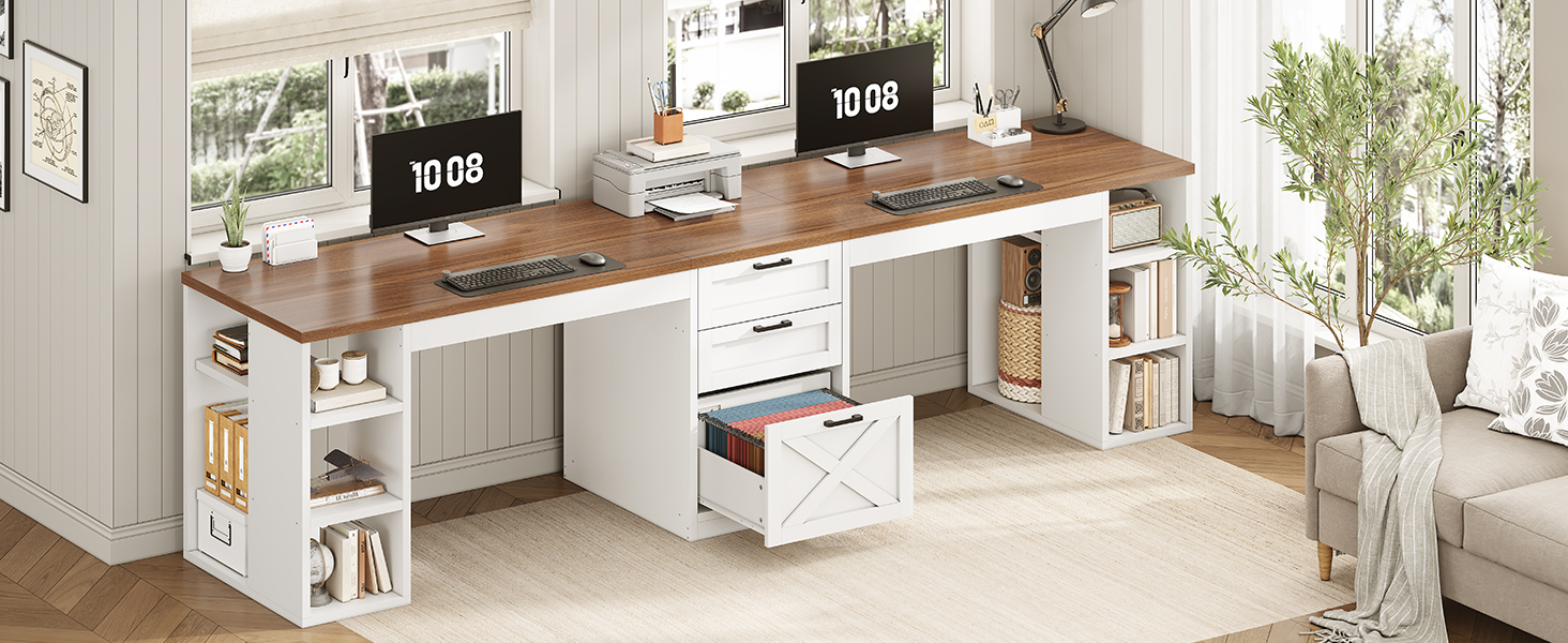 Computer Desk with Drawers, 2 Person Home Office Desk