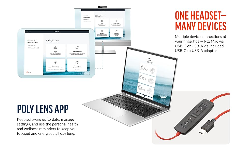 poly lens app to manage device USB-C to USB-A adapter PC Mac tablet device