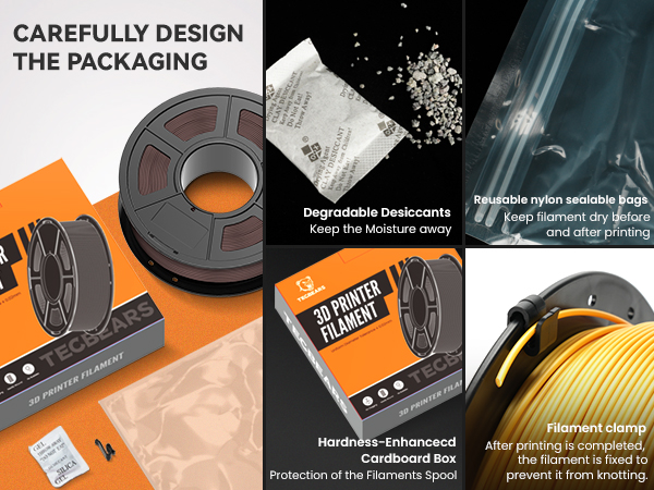 3D printer filament packaging showcasing spool protection features, moisture-proof design, and vacuum-sealed storage components with orange branding elements.