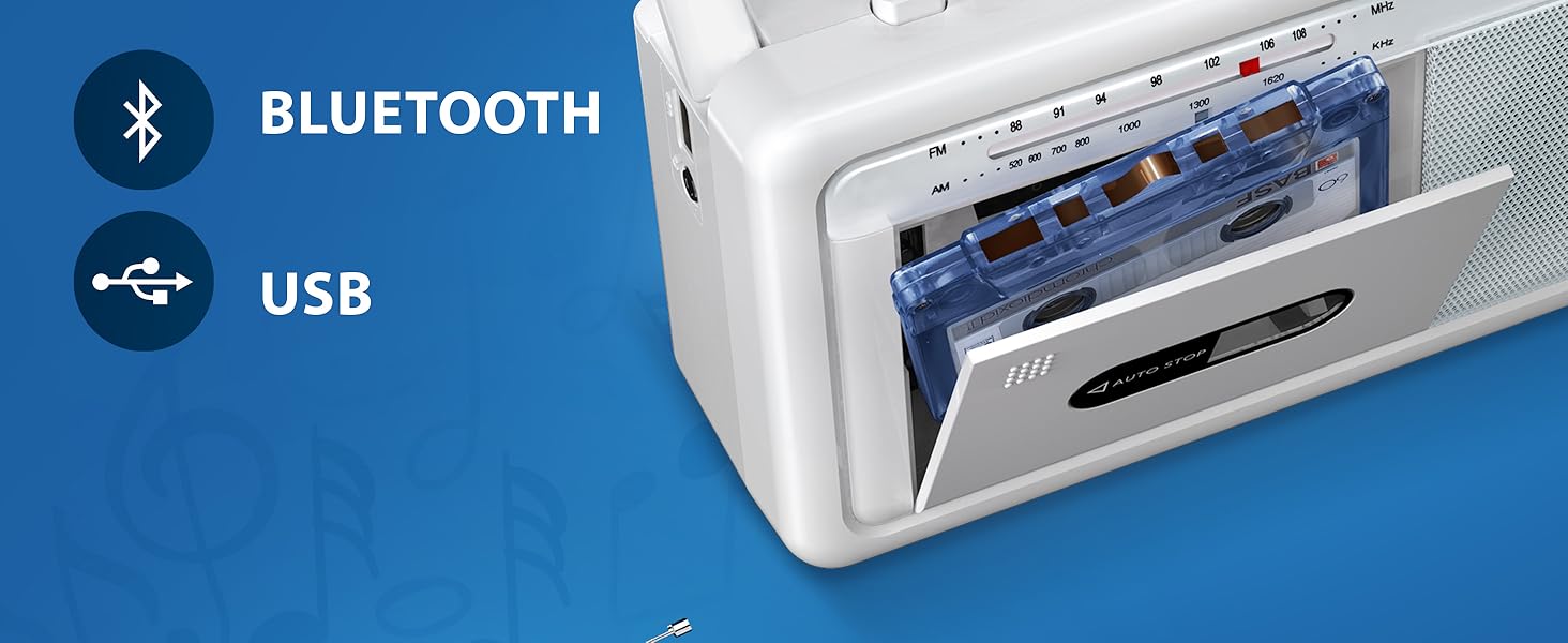 Portable Cassette Player Boombox, AM/FM Radio, Speaker, Bluetooth Cassette Tape Player Recorder