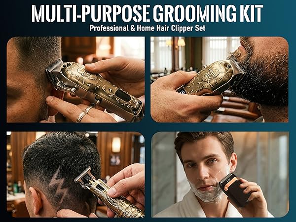 Text reads 'MULTI-PURPOSE GROOMING KIT'. Series of product demonstration images showing grooming tool usage in various scenarios.