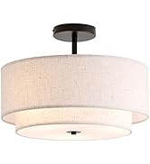 CALOKES 16" Double Drum 3-Light Semi Flush Mount Ceiling Light, Classic Fabric Linen Shade Design...