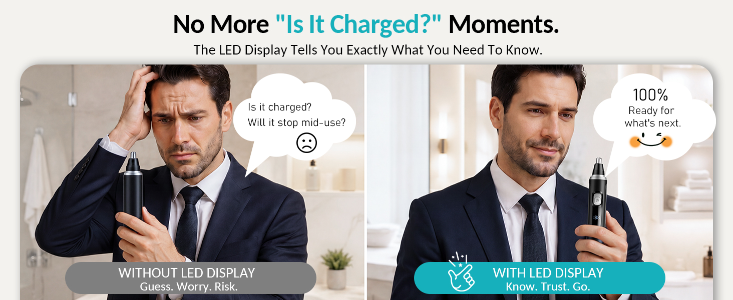Text reads 'No More "Ish Changes" Moments.' Image shows two professional men in business suits - one appearing frustrated at desk, other looking confident with blue banner overlay containing partial text.