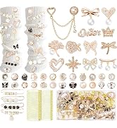 RQAYE 80pcs Junk Socks Charms Kit, Gold Brooches and Pins for Women,Pearl and Rhinestone Shoe Cha...