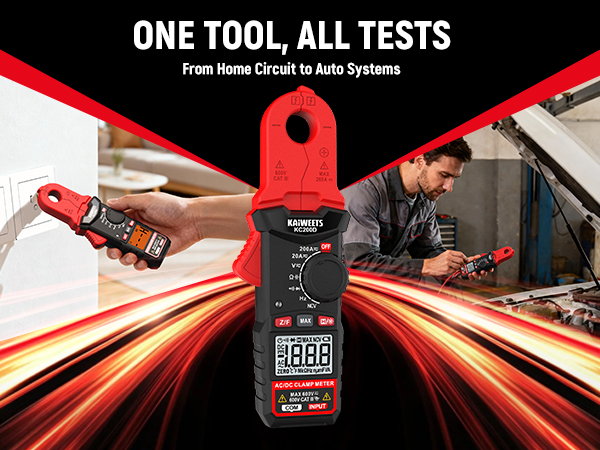 Text reads: 'ONE TOOL, ALL TESTS'. Product photography showing electronic testing device with digital display against dramatic red lighting.