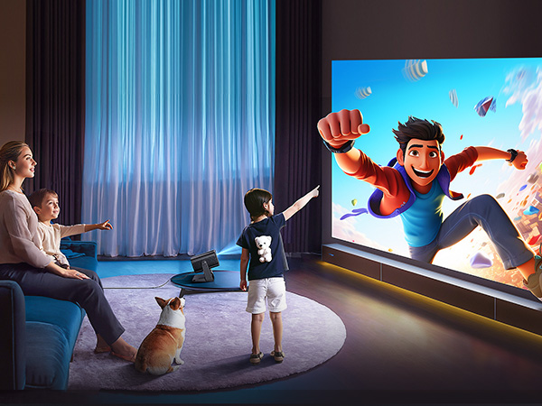 Home theater setup showing projected animated content on large screen with viewers and a dog sitting on couch in dimly lit room.