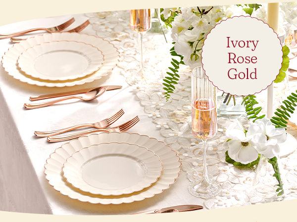 By Madee Ivory Scalloped Plastic Plates with Rose Gold Trim 60 Pcs