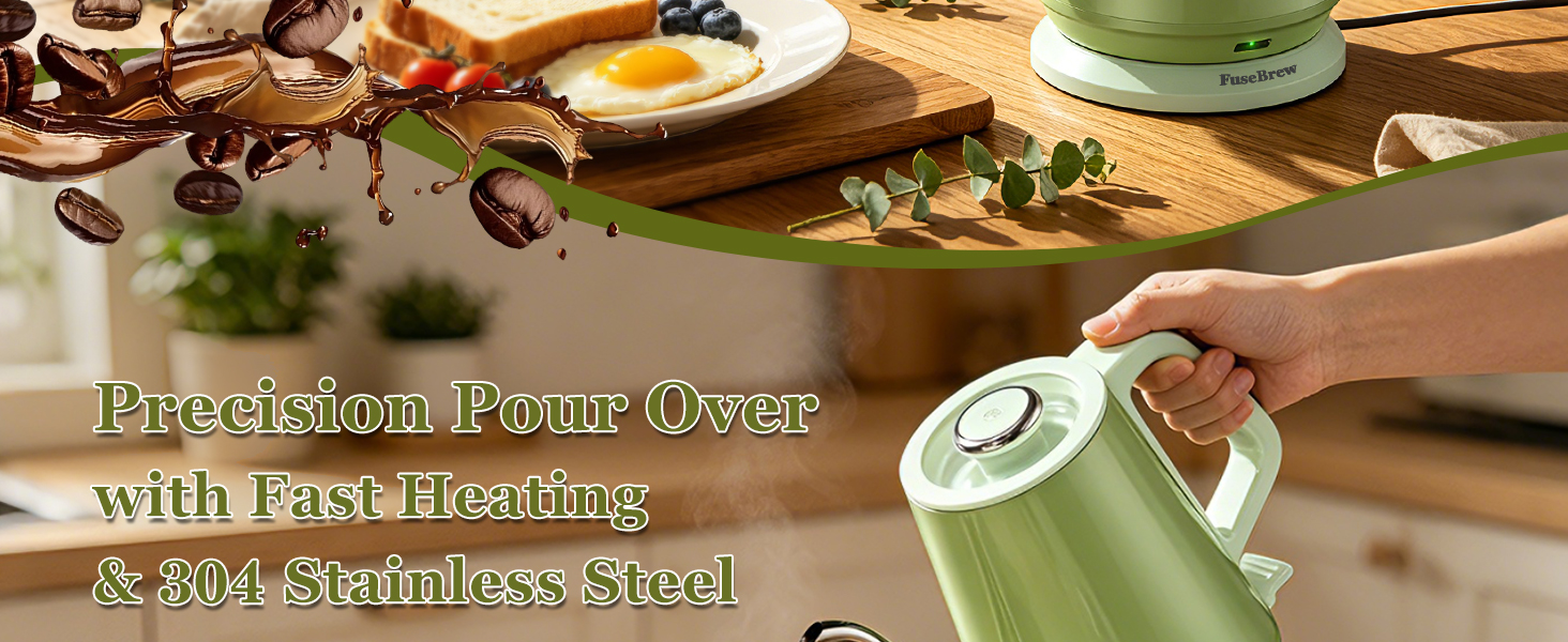 Modern sage green kettle on a clean kitchen countertop next to a coffee grinder and beans