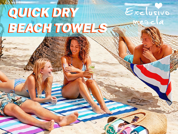 Text reads 'QUICK DRY' and 'BEACH TOWELS' with 'Exclusive' label. Women on sandy beach using colorful striped quick-dry beach towels in outdoor setting.