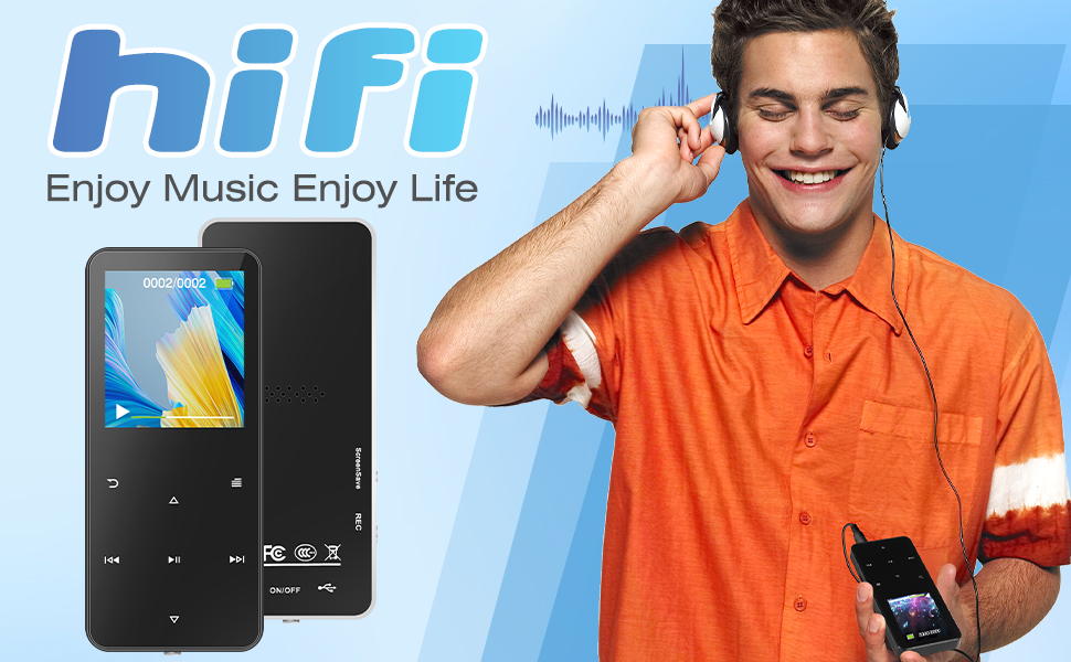 HiFi portable music player advertisement showing black MP3 device with screen display and headphone compatibility.