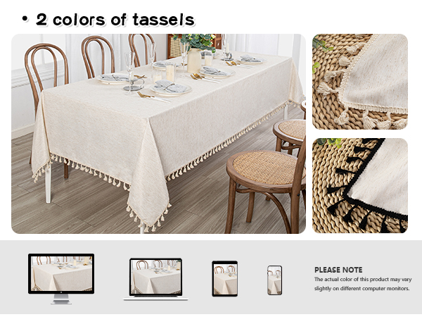 Tablecloths made of decent elegant modern design, neutral not wild, cute fringe tassel pom-poms edge