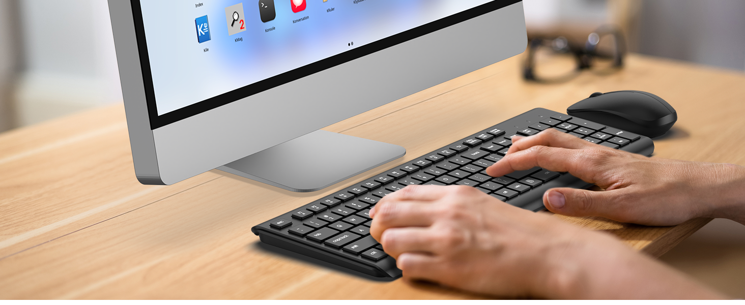 Wireless Keyboard and Mouse Combo, Full Size Silent Ergonomic Keyboard Mouse, Long Battery Life
