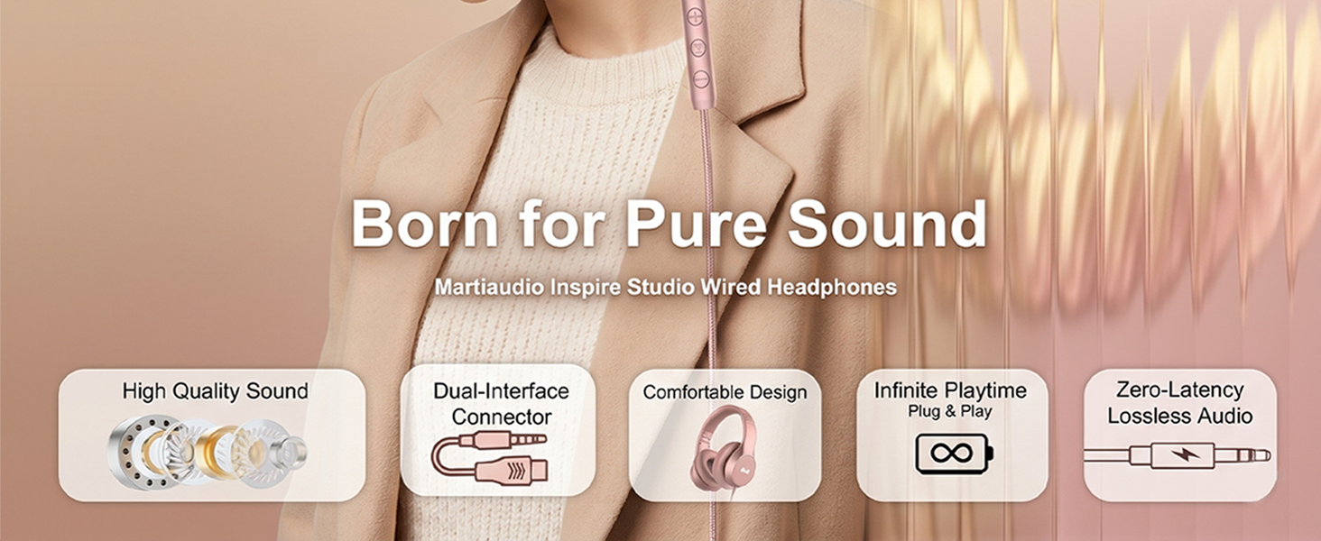 MartiAudio headphones showing universal compatibility with USB-C and 3.5mm audio jacks.