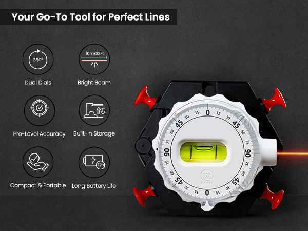 Zanis Linear Laser Level showing dual dials, bright beam, and pro-level accuracy features.