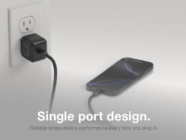Single-port 30W charger plugged into wall charging phone with dedicated power