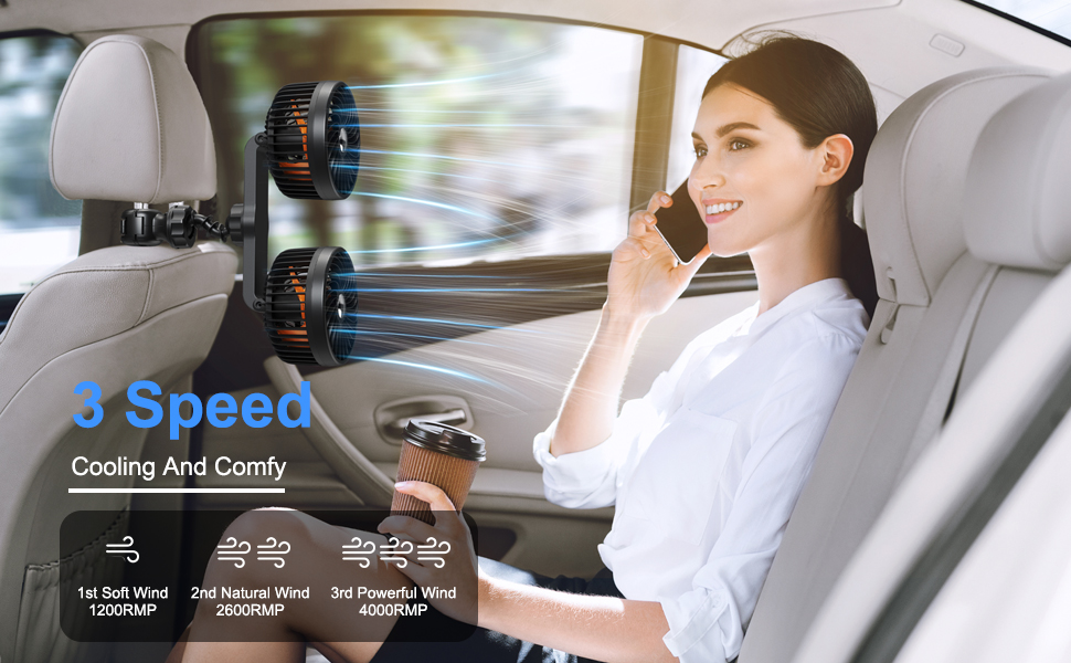 car fan for backseat kids clip on headrest--3 speed control-car cooling fan