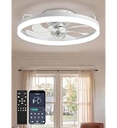 White Ceiling Fans with Lights and Remote, 20" Low Profile Flush Mount Ceiling Fan with 7 Blades,...