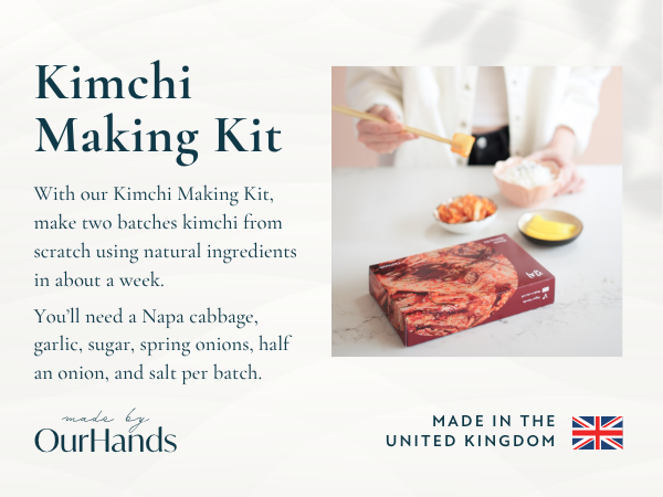 Text reads 'Kimchi Making Kit' followed by product preparation steps and instructions. Shows hands preparing ingredients on cutting board.