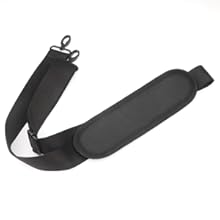 Black shoulder strap with padding and metal hooks at both ends. Designed for bags or camera equipment.