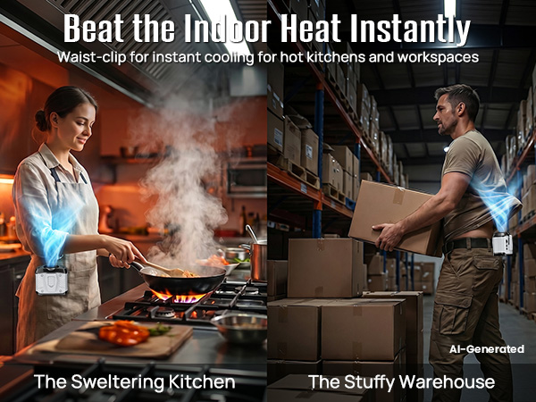 portable fan waist adds direct airflow in hot kitchens, garages, and warehouse rows