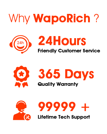 WapoRich customer service infographic. 24-hour friendly service, 365-day quality warranty, and lifetime tech support with 99999+ indicator.