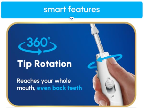 Image of Waterpik tooth flosser tip with text reading three hundred sixty tip rotation.