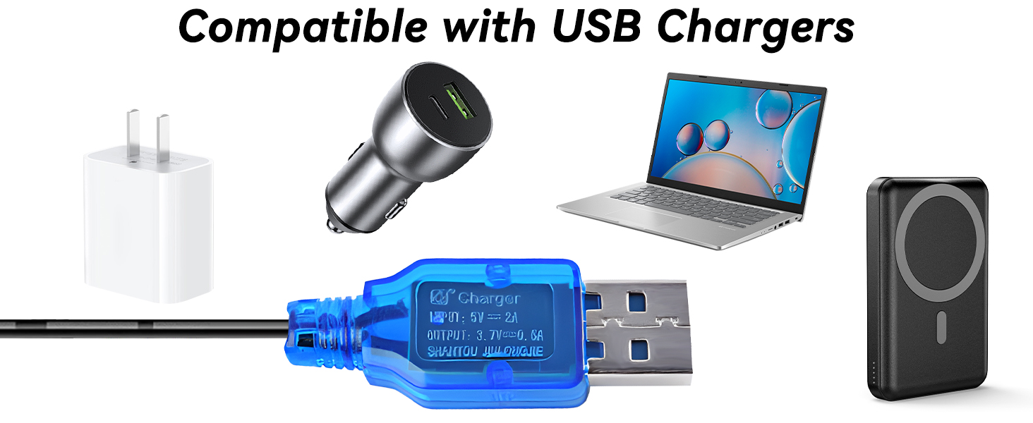 Text reads 'Compatible with USB Chargers'. Multiple product images showing USB charger, laptop, camera, and other electronic devices with blue USB connector prominently featured.