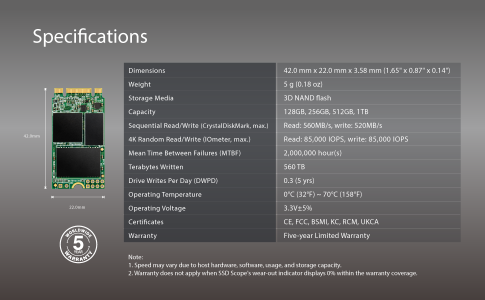M.2 2242 SSD, SATA3 B+M Key, TLC