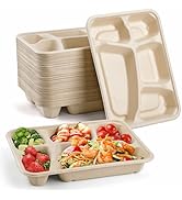 Elsjoy 50 Pack 5-Compartment Disposable Plates, 11" x 8" Compostable School Lunch Tray Divided Pa...