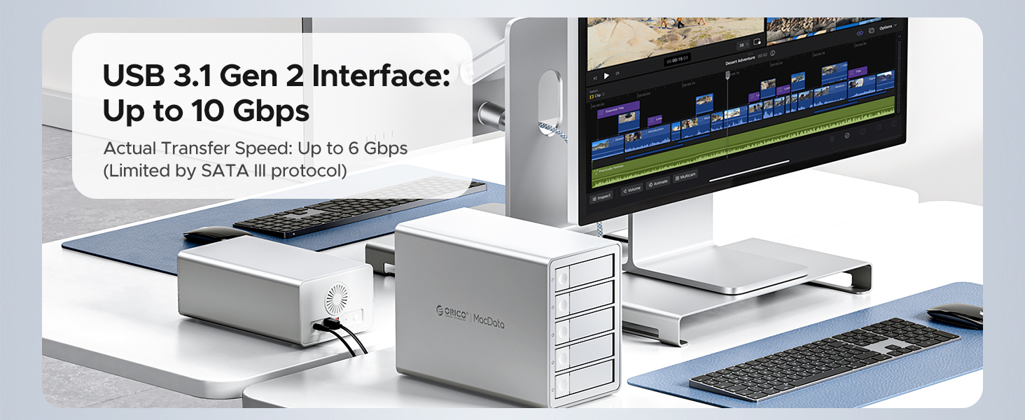 USB 3.1 Gen 2 external storage device with transfer speeds up to 10 Gbps, shown with computer setup and multiple unit configurations.