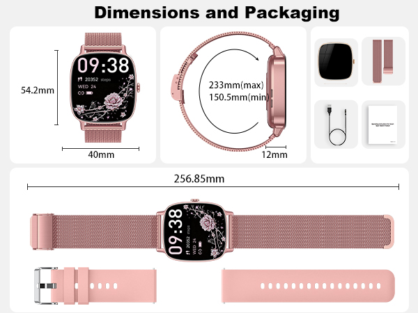 Text reads 'Dimensions and Packaging'. Technical diagram showing measurements of a smartwatch band, including 45mm width and 264.55mm length specifications.