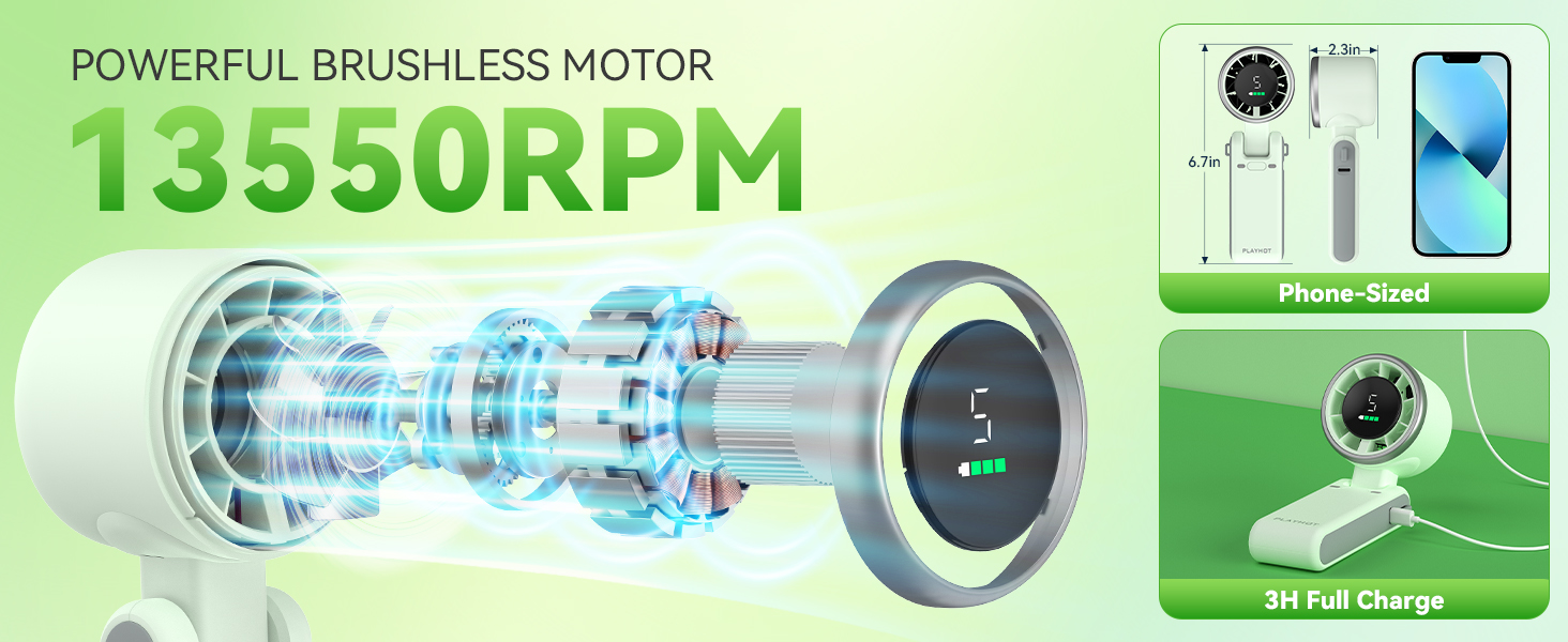 Powerful small fan brushless motor phone sized portable fan for travel compact green travel fans