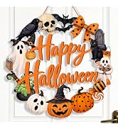 Halloween Wreath for Front Door Wooden Pumpkin Ghost Door Sign Wall Decor | Farmhouse Skull &amp; Bla...
