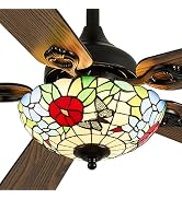 Kunywooe 52" Tiffany Style Ceiling Fans with Lights, Vintage Chandelier Ceiling Fan with Stained ...