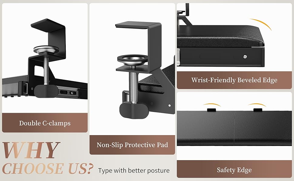 TEXENDO Under Desk Keyboard tray slide out with beautiful clamps that fits under dest